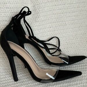 Ankle Tie Sz 8 NWOT Elegant Black Stiletto Heels